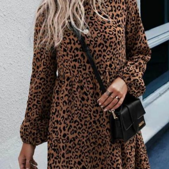 All Over Leopard Print Bishop Sleeve Dress - Picture 2 of 7